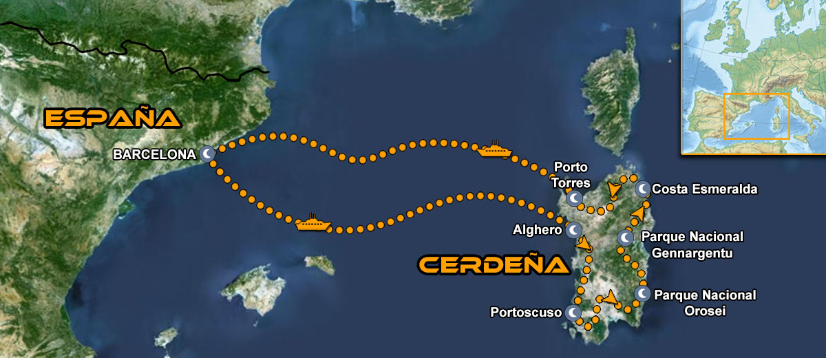 Mapa Viaje organizado IMTBIKE por Cerdeña en moto
